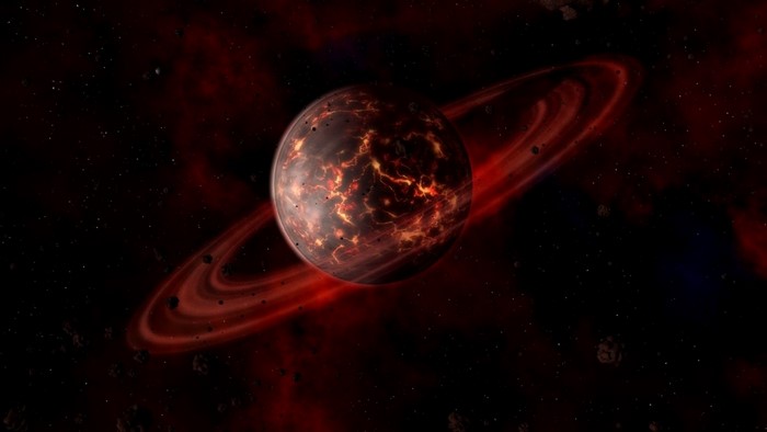 Volcanic planet with rings in space