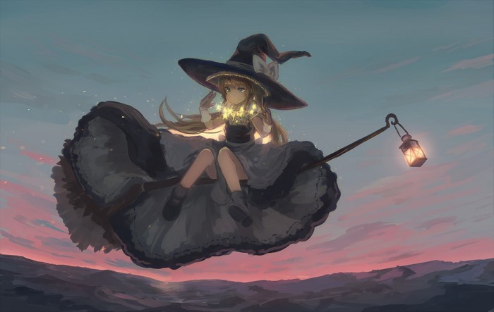 Anime girl witch flying on a broomstick with a lantern