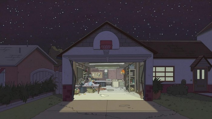 Rick and Morty garage at night