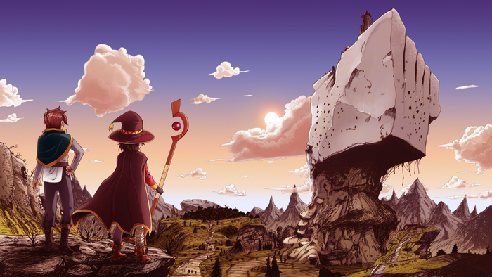 Megumin and Kazuma from Kono Subarashii Sekai ni Shukufuku wo in a landscape