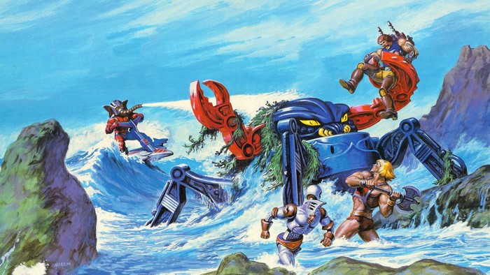 He-Man and the Masters of the Universe battle a giant crab robot