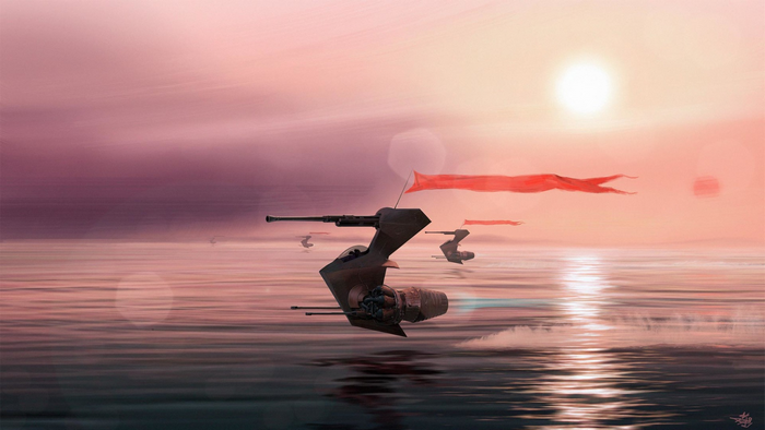 Science fiction spacecraft flying over the sea at sunset