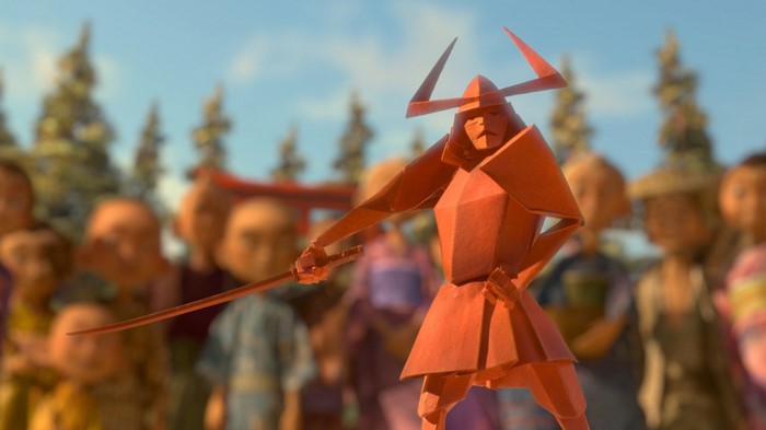 Origami samurai with sword and crowd