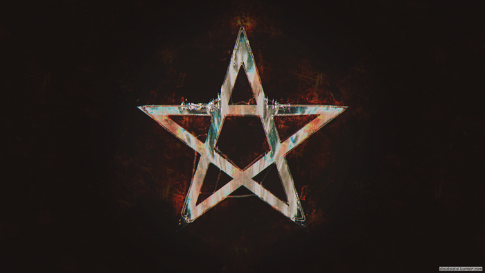 Glitch art pentagram with fiery background