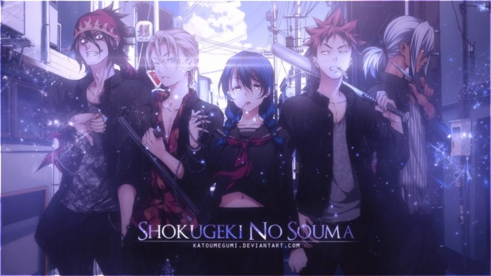 Shokugeki no Souma characters in a street setting