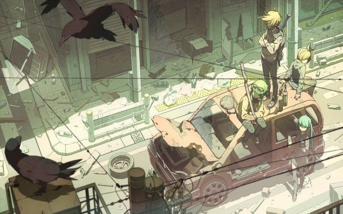 Post-apocalyptic scene with Vocaloid characters and crows