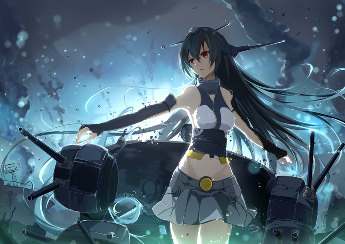 Anime girl with black hair and red eyes on a ship