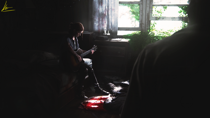 Ellie from The Last of Us playing guitar in a dark room