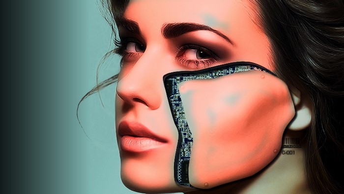 Close up of a woman with cybernetic implants