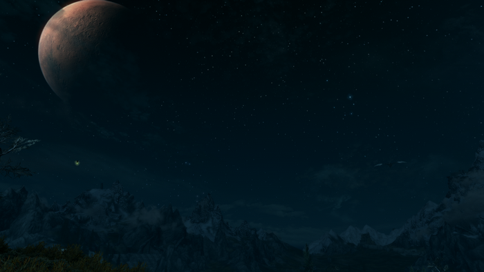 The Elder Scrolls V Skyrim night sky with a large moon