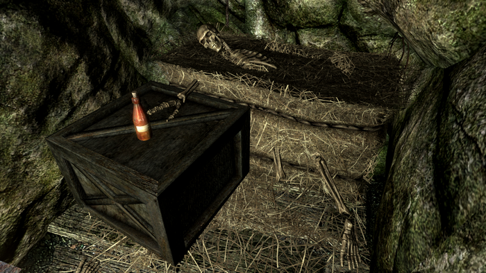 Skeleton in a cave with a bottle and a crate