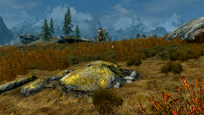 The Elder Scrolls V Skyrim landscape with mountains and a giant