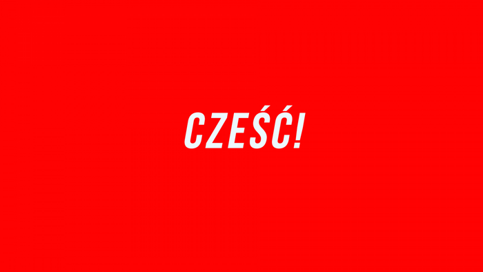 The word CZEŚĆ! in white on a red background