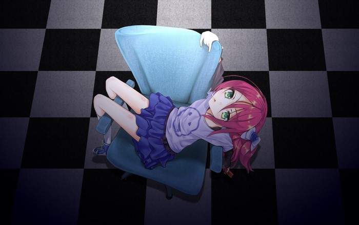 Anime girl with pink hair on a chair