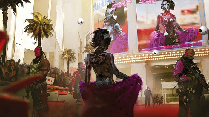 Cyberpunk 2077 artwork with futuristic city and characters