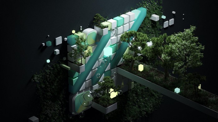 Abstract geometric structure with trees and lights