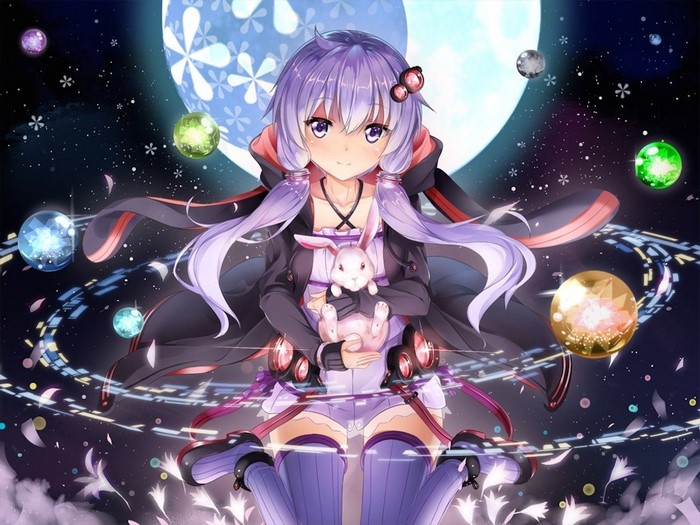 Yuzuki Yukari from Vocaloid with a rabbit in space
