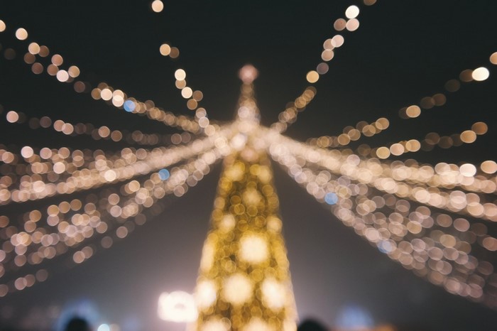 Bokeh of Christmas tree lights at night