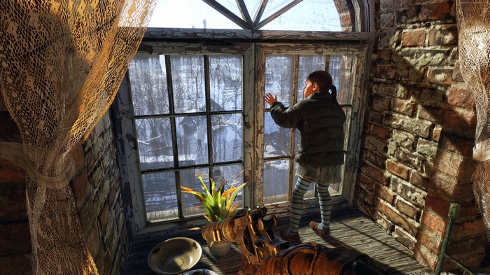 Girl looking out window in Metro Exodus 4K