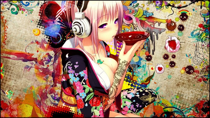 Anime girl with headphones and kimono drinking from a bowl