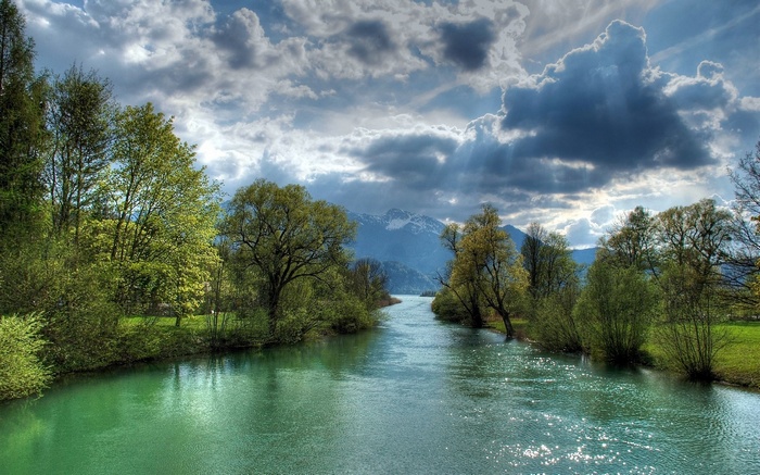 River flowing through trees towards mountains under cloudy sky