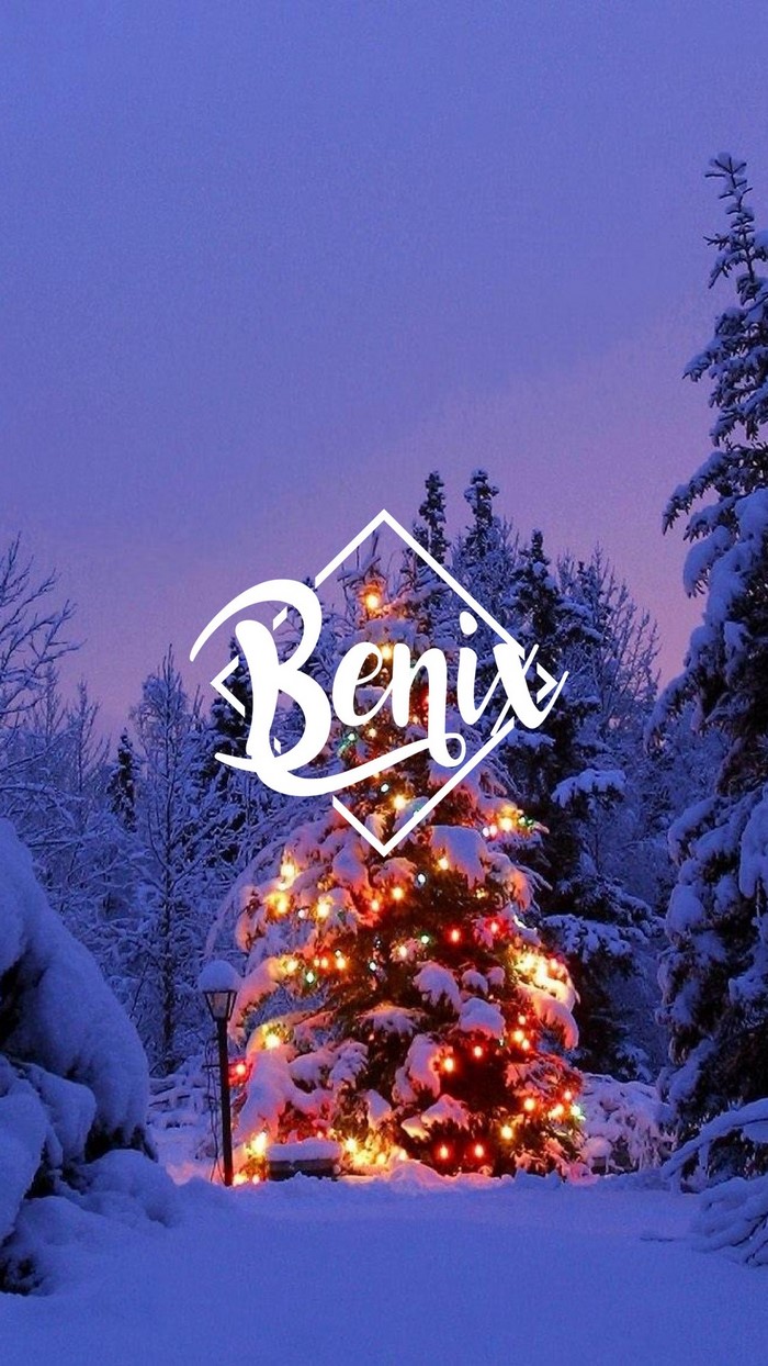 Christmas tree with lights in a snowy forest