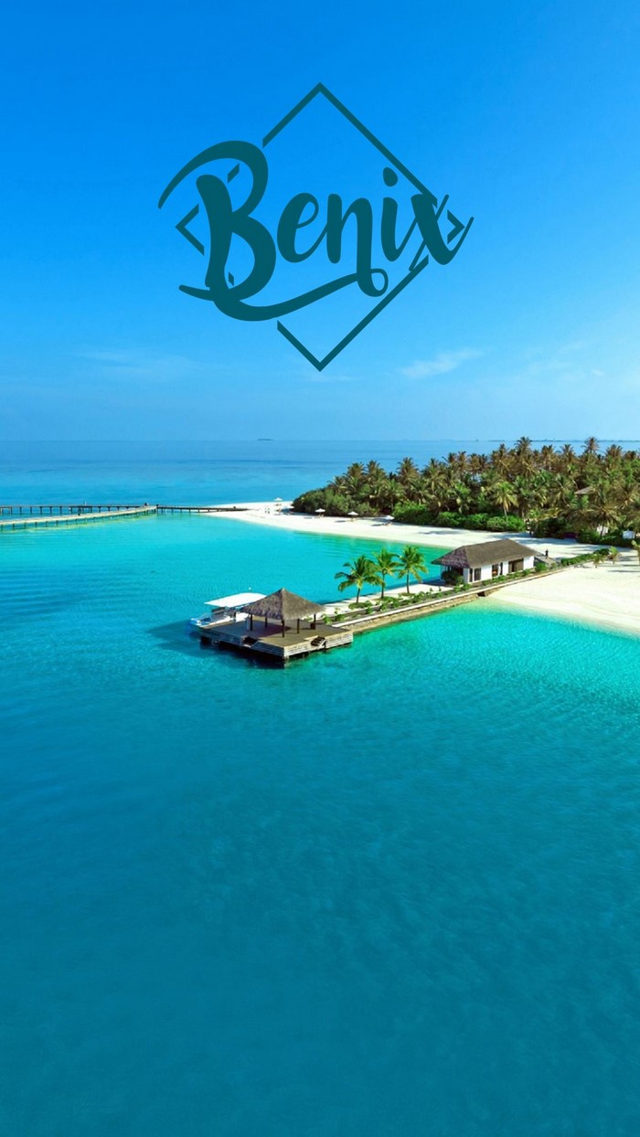 Benix logo over a tropical island resort