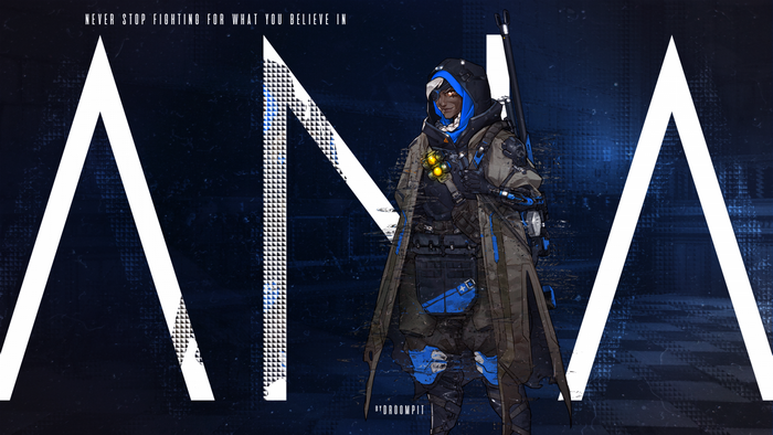 Ana from Overwatch with large white letters