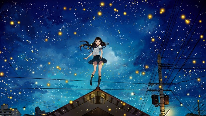 Anime girl standing on a roof under a starry night sky