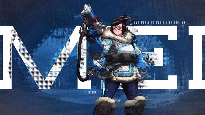 Mei from Overwatch with large text