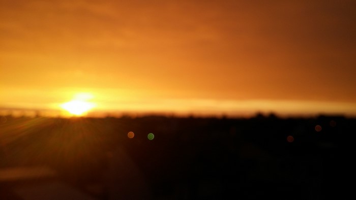 Blurred sunset with sun rays over the horizon