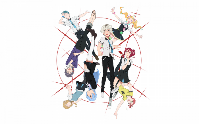Kiznaiver characters posing around a red circle