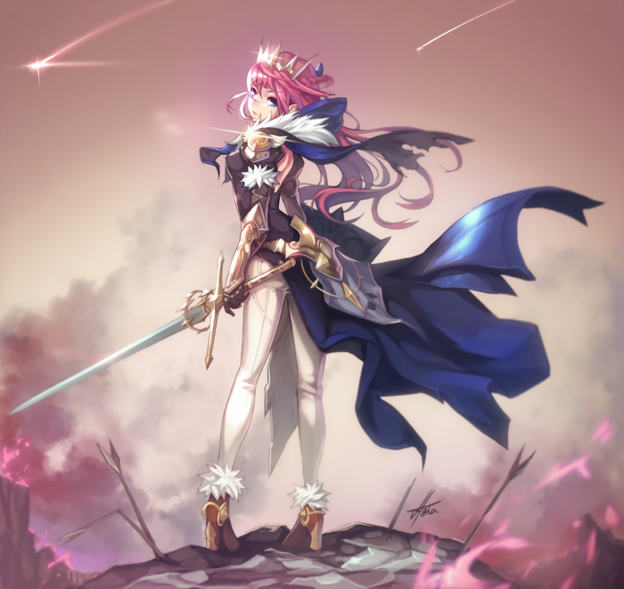 Anime girl with pink hair and crown holding a sword