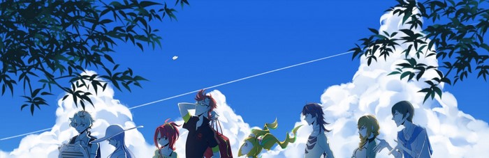 Kiznaiver characters under a blue sky with clouds