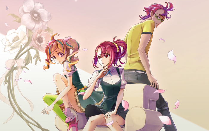 Kiznaiver characters Niko, Chidori, and Hajime with flowers