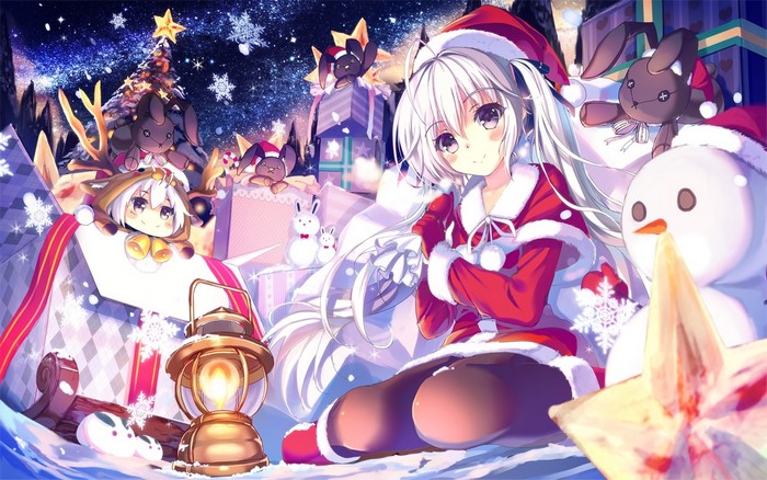 Anime girl in Santa costume with Christmas decorations