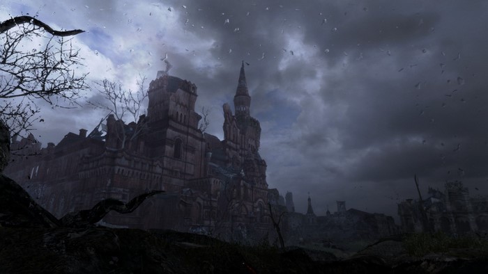 Metro Last Light screenshot with rain and dark castle