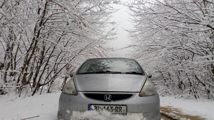 Silver Honda Fit parked in a snow-covered forest