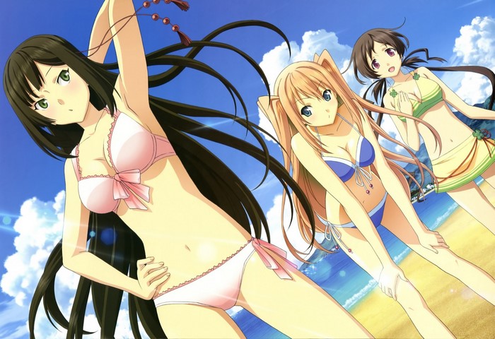 Anime girls in bikinis on a beach