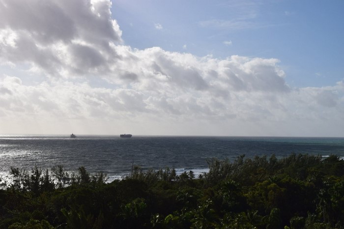 Two ships on the ocean with clouds and trees