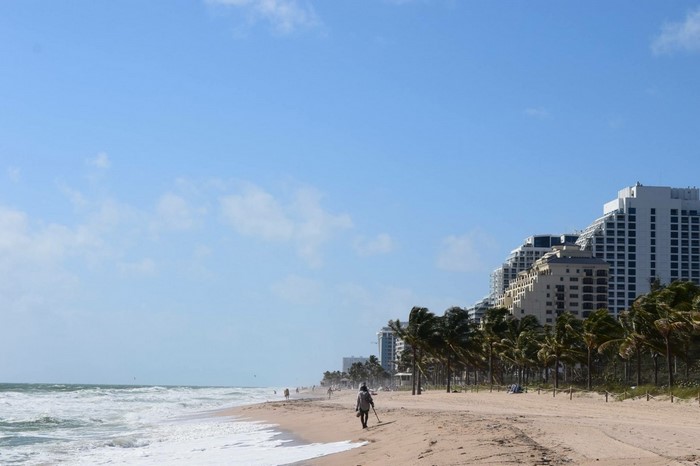 Beach with buildings and palm trees