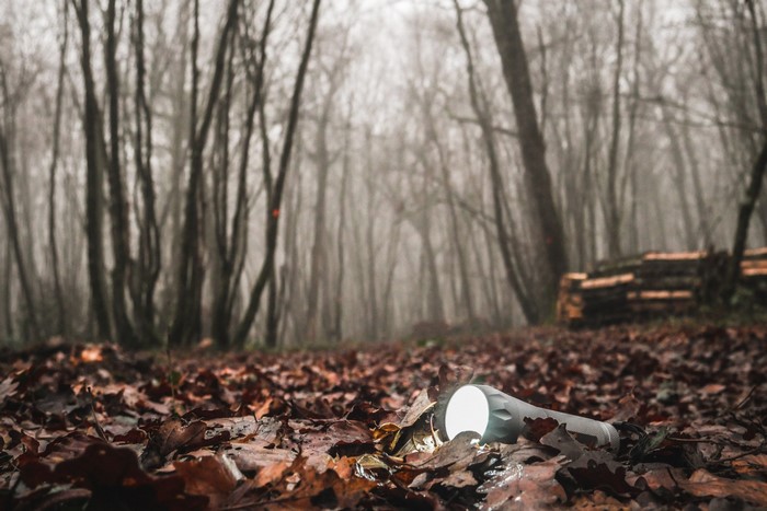 Flashlight lying on fallen leaves in a misty forest