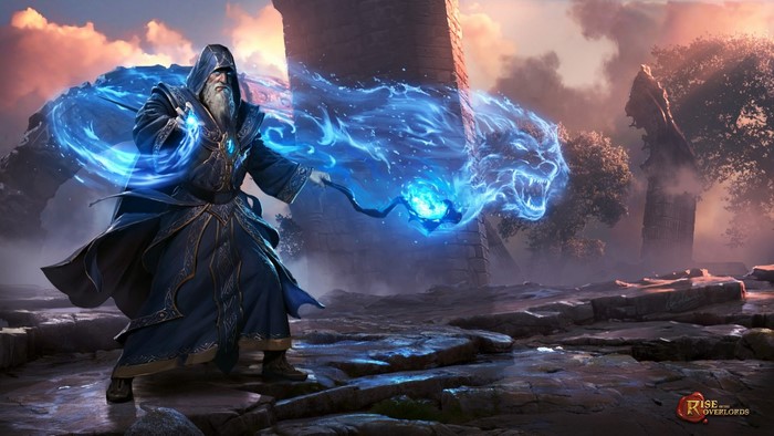 Wizard casting a blue wolf spell in Rise of Overlords