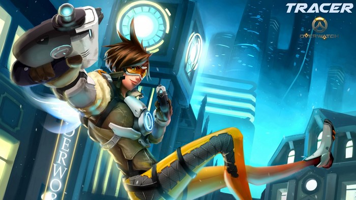 Tracer from Overwatch in a futuristic city