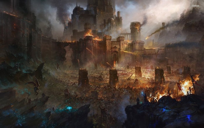 Fantasy battle scene with castle under siege