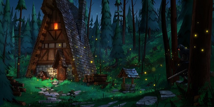 A-frame cabin in a dark forest at night with fireflies