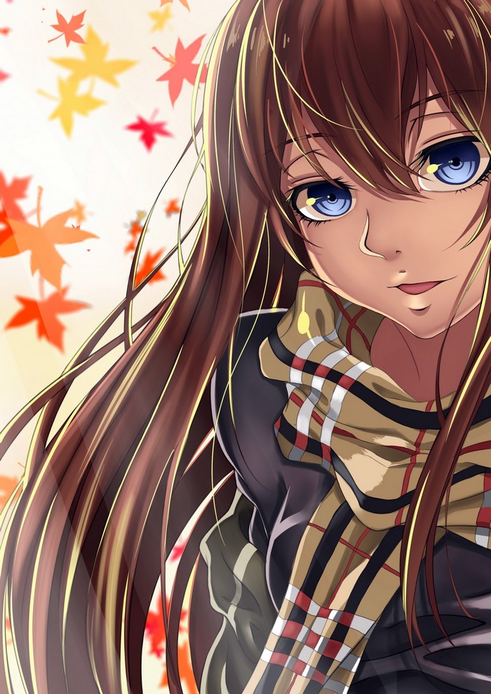 Anime girl with long brown hair and blue eyes