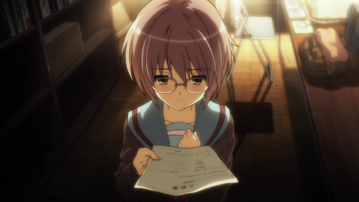 Yuki Nagato from The Melancholy of Haruhi Suzumiya holding a document