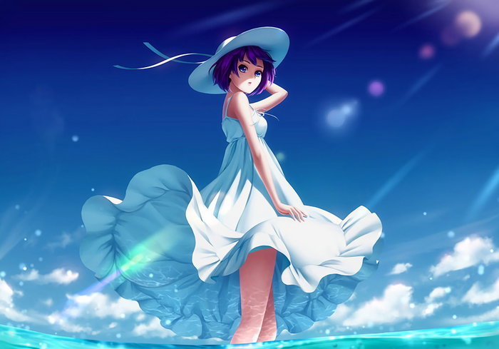 Anime girl in white dress on the water