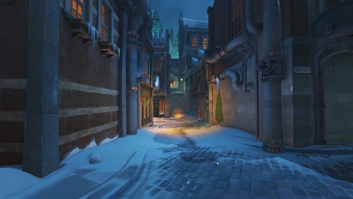Kings Row street at night in winter, Overwatch